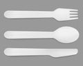 Disposable white plastic cutlery. Vector spoon, knife and fork Royalty Free Stock Photo