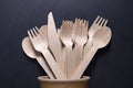 Disposable wooden cutlery and cardboard containers. Accessories for eating outdoors