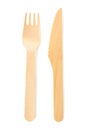 Disposable wooden knife and fork on white