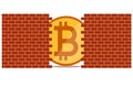 Bitcoin icon behind a red wall