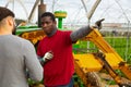 Disquieted african american gardener talking to friend