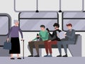 Disrespect to pensioners, grandmother. Young guys do not give way to public transport. Indifference. In minimalist style