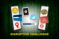 Disruptive challenge words and business technology with smartphones on pattern of green binary code decimal Royalty Free Stock Photo