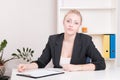 Dissatisfied employer woman during interview at office