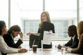 Dissatisfied female executive scolding employees for bad work at