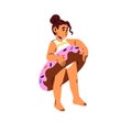 Dissatisfied girl in one piece swimsuit pouting. Child stands, holds inflatable circle with donut shape. Kid with round Royalty Free Stock Photo