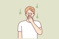 Dissatisfied man pinching nose with hand suffering from unpleasant smell of sweat. Vector image