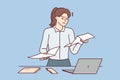 Dissatisfied woman secretary reads paper letter stands near table with laptop. Vector image