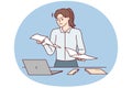 Dissatisfied woman secretary reads paper letter stands near table with laptop. Vector image