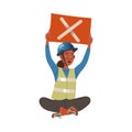 Dissatisfied Woman Worker in Safety Vest Protesting Holding Placard Defending Her Rights Vector Illustration