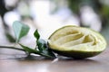 Dissect lime is squeeze out and the leafs on the wooden table.