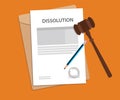 Dissolution text on stamped paperwork illustration with judge hammer and folder document with orange background