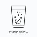 Dissolve pill flat line icon. Vector outline illustration of effervescent medicine in glass of water with bubbles