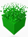 Dissolving data block. made with smaller green cubes. 3d pixel style vector illustration.