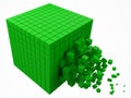 Dissolving data block. made with smaller green cubes. 3d pixel style vector illustration.