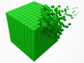 Dissolving data block. made with smaller green cubes. 3d pixel style vector illustration.