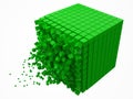 Dissolving data block. made with smaller green cubes. 3d pixel style vector illustration.