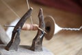 Distaff, spinning yarn on spinning wheel