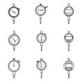 Dial and digital indicator gauge icon set. Vector thin line