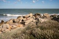 In the distance An athlete is doing Pilates exercises.Stands in the position of the board on large stones Royalty Free Stock Photo