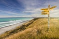 Distance and direction signpost on a beautiful, sunny beach.