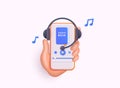 Distance education e-learning, podcast, webinar, tutorial. Smartphone in hand with audio book app interface on its screen. 3D Web