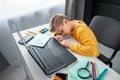 Distance learning, the boy fell asleep at the table doing homework. The concept of online education, home education, technology, Royalty Free Stock Photo