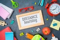 Distance learning and education concept. Study online from home with table and school supplies. Top view from above Royalty Free Stock Photo