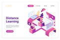 Distance learning isometric landing page template. Global access to modern education with digital technologies. Student