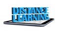 DISTANCE LEARNING - lettering shown over a tablet display - isolated on white background