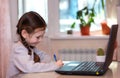 Distance learning online education.School girl does homework on laptop at home.Quarantine