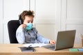 Distance learning online education. schoolboy in medical mask studying at home, working at laptop notebook and doing school Royalty Free Stock Photo