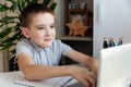 Distance learning online education. A schoolboy is studying at a computer at home and doing school homework. quarantine Royalty Free Stock Photo