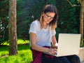 Distance learning online education. Woman with laptop outdoors. Startup business Royalty Free Stock Photo