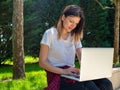 Distance learning online education. Woman with laptop outdoors. Startup business Royalty Free Stock Photo