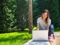 Distance learning online education. Woman with laptop outdoors. Startup business Royalty Free Stock Photo