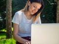 Distance learning online education. Woman with laptop outdoors. Startup business Royalty Free Stock Photo