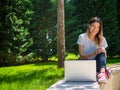 Distance learning online education. Woman with laptop outdoors. Startup business Royalty Free Stock Photo