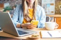 Distance learning online education and work. Business woman having a facetime video call. Happy and smiling girl working from home Royalty Free Stock Photo