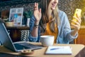 Distance learning online education and work. Business woman having a facetime video call. Happy and smiling girl working from home Royalty Free Stock Photo