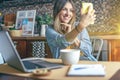 Distance learning online education and work. Business woman having a facetime video call. Happy and smiling girl working Royalty Free Stock Photo