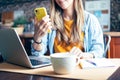 Distance learning online education and work. Business woman having a facetime video call. Happy and smiling girl working from Royalty Free Stock Photo