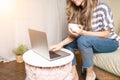 Distance learning online education and work. Cropped woman having a video call. Happy and smiling girl working from home office on Royalty Free Stock Photo