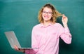 Distance learning. School teacher notebook. Girl surfing internet. School of digital technologies. Modern education Royalty Free Stock Photo