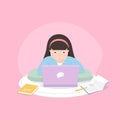 Distance learning solutions. Cute little girl using laptop for online education at home. Learn at home concept. Royalty Free Stock Photo