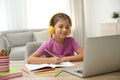 Distance learning, studying at home. Girl having online school lesson during quarantine and lockdown due to Covid-19 pandemic