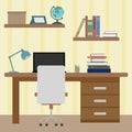 Distance learning, workplace for studying at home, desk and chair, laptop and table lamp and books. Flat design, vector