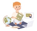 Distance Lesson, Boy Studying Online Using Computer, Homeschooling Concept Cartoon Style Vector Illustration Royalty Free Stock Photo