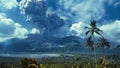 In the distance a massive plume of smoke and ash rises from an erupting volcano casting a shadow over the otherwise