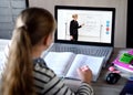 Distance online education. Schoolgirl and teacher learn a lesson using a video chat on laptop. Classes with a tutor. Video